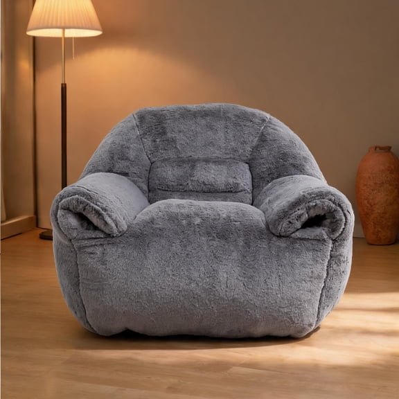 Large High-Back Bean Bag Chair Multi-Room Leisure Seating Neutral Gray Faux Fur with Back Support