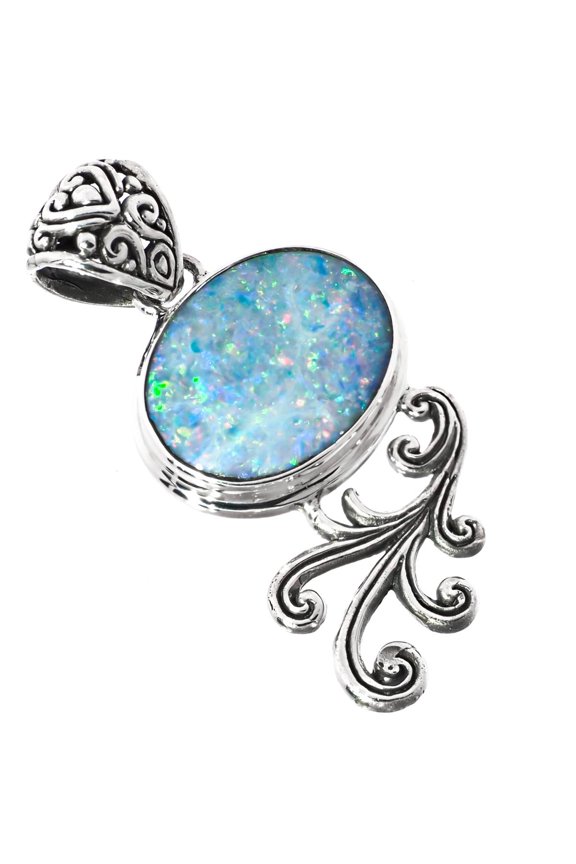 Large High Quality Oval Australian Opal Filigree 925 Sterling Silver Pendant, 1 5/8"
