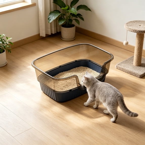 Large High Sided Cat Litter Box with Scoop, Semi Enclosed Splash Proof Kitty Toilet Tray, Open Top Easy Clean Litter Pan with Anti Scatter Design for Medium Cats and Kittens