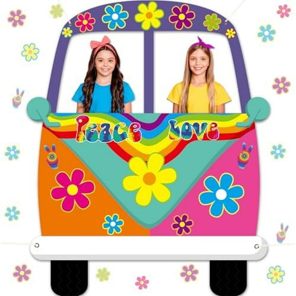 Large Hippie Bus Shaped Photo Prop 60s Party Decor 60's Retro Groovy Van Prop Fabric Hippie Selfie Frame Backdrop Background Banner Birthday Party Supplies Retro 60s 70s Party Favors 59 x 48.6Inch