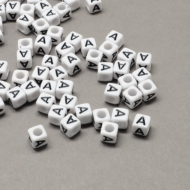 Large Hole Acrylic Letter European Beads Horizontal Hole White Black Cube with Letter.A 6x6x6mm Hole: 4mm 2950pcs/500g