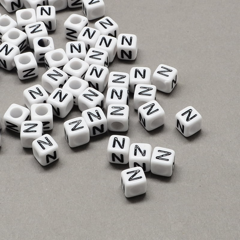 Large Hole Acrylic Letter European Beads Horizontal Hole White & Black Cube with Letter.N 6x6x6mm Hole: 4mm about 2950pcs/500g
