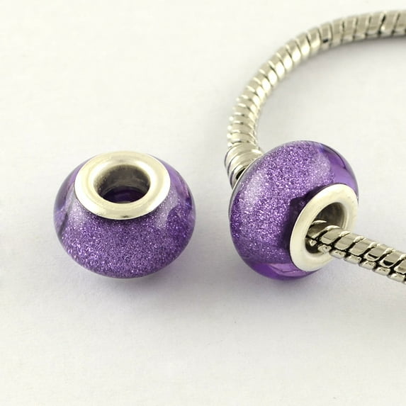 Large Hole Resin European Beads with Silver Color Plated Brass Double Cores Rondelle Mauve 14x9mm Hole: 5mm