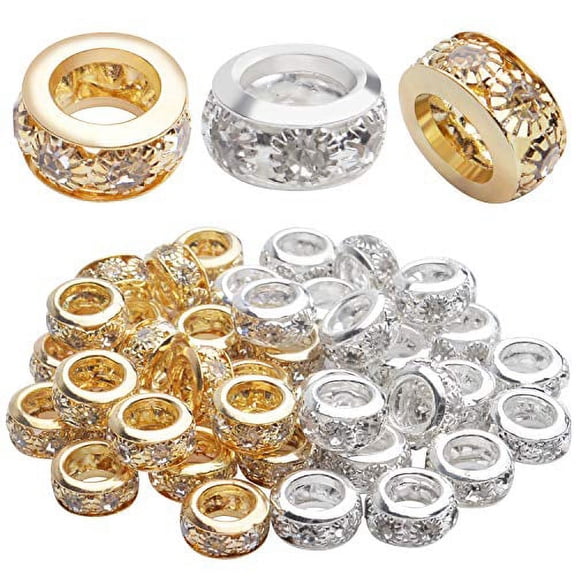 Large Hole Rhinestone Beads,40pcs 10mm Spacer Beads Crystal Pave Brass Beads Rondelle Beads Fit European Bracelet Snake Chain Jewelry DIY