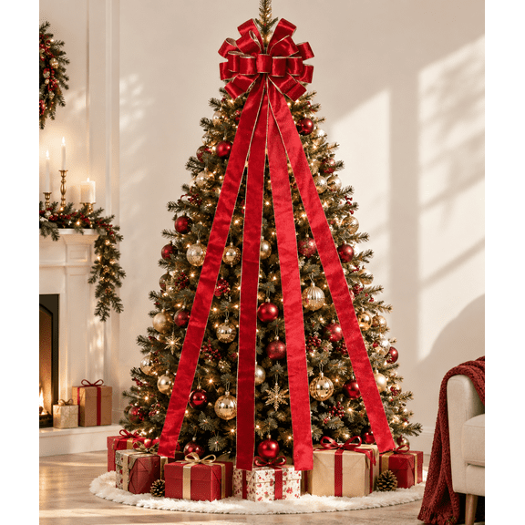 Large Holiday Bow Decoration, 53 Inch Christmas Tree Topper with Long Streamers for Front Door, Wreath, Garland, Fireplace Mantel & Stair Railing
