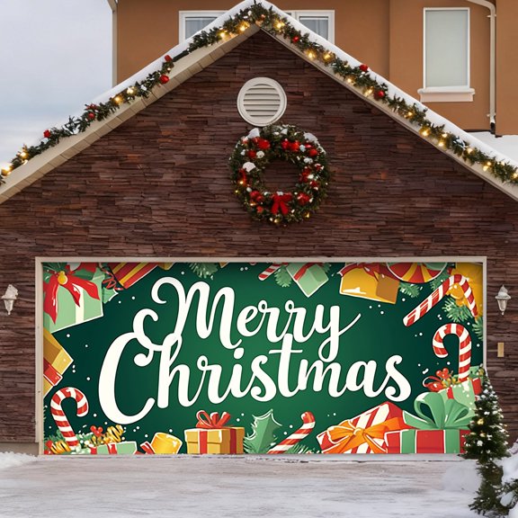 Large Garage Door Banner Outdoor Holiday Season Decorative Welcome Sign Featuring Santa Sleigh Reindeer Snowman Festive Greetings for Front Porch Yard