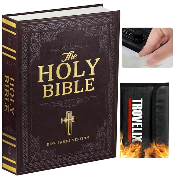 Large Holy Bible Book Safe with Combination Lock and Fireproof Money Bag, Hidden Storage Lock Box for Cash, Passport, Jewelry, 10.9 x 7.7 x 1.8 in