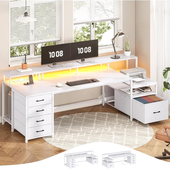 Large Home Office Desk with 5 Drawers, Power Outlet and File Drawer, Desktop Computer Desk with Storage Shelves and Monitor Shelf, LED Lights for Home Office Dorm Gaming Room