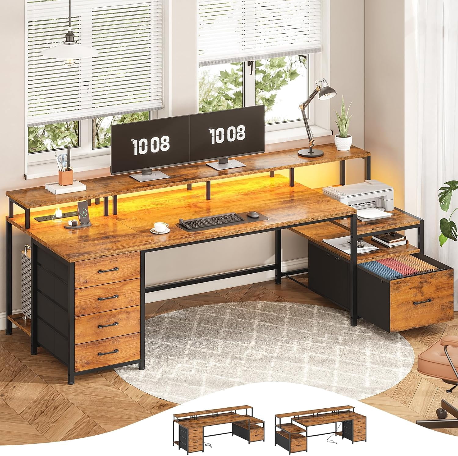 Recent Computer Technology Large Home Office Desk with 5 Drawers, Power Outlet and File Drawer ...