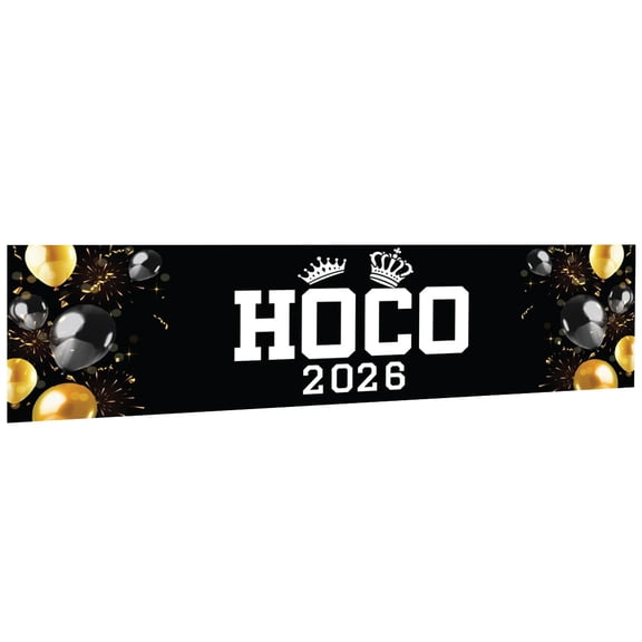 Large Homecoming Banner 2025 Black Gold HOCO Sign with Balloon Crown High School Dance Decorations