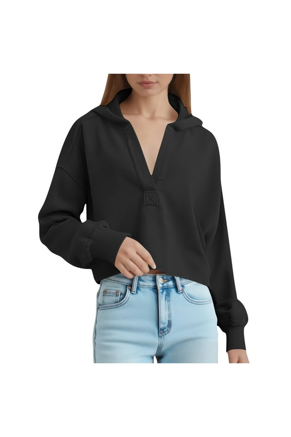 Large Hoodies for Women Womens Cropped Hoodie, Long Sleeve V-Neck Pullover Sweatshirt Loose Fitting Casual Comfy Hooded Shirt Black XL