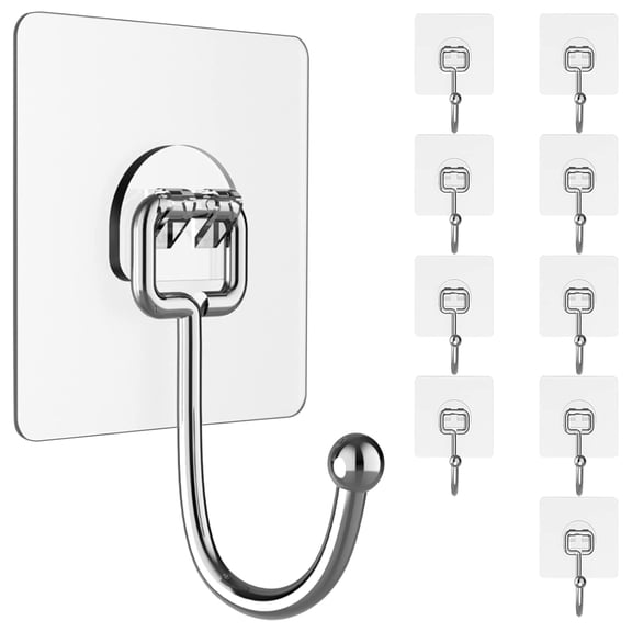 Large Hooks for Hanging Heavy-Duty 44Ib(Max) 10 Packs, Wall Hangers without Nails Self-Adhesive Traceless Clear and Removable, Waterproof and Rustproof Multiple Uses for Bathroom Kitchen Home