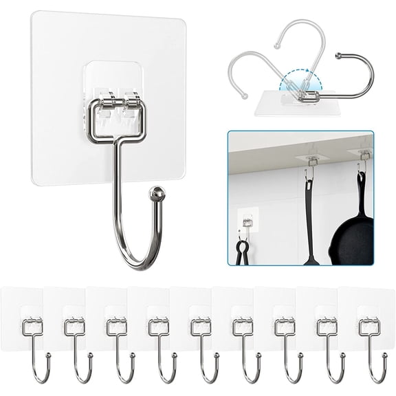 Large Hooks for Hanging Heavy-Duty 44Ib(Max) 10 Packs, Wall Hangers without Nails Self-Adhesive Traceless Clear and Removable, Waterproof and Rustproof Multiple Uses for Bathroom Kitchen Home