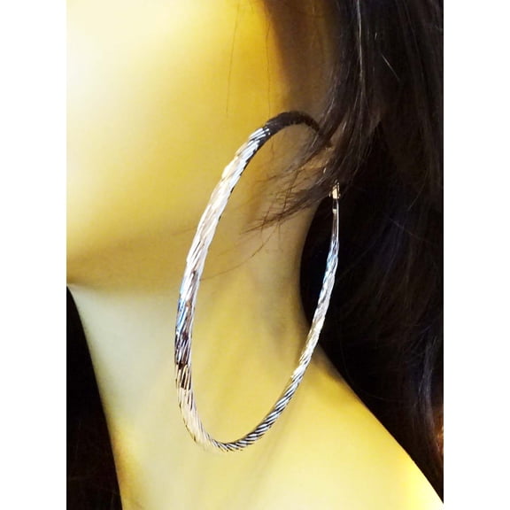 Large Hoop Earrings Silver Tone Steel Post Swirl Tube Hoops 4 inch Hoops