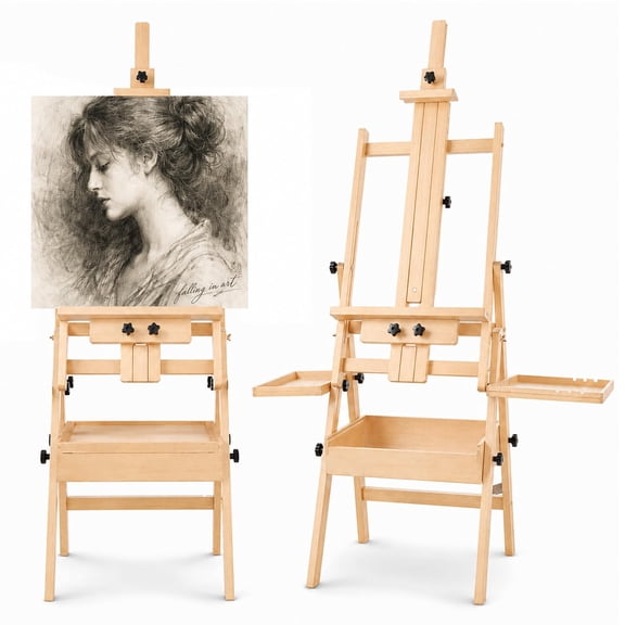 Large Horizontal H Frame Wooden Painting Studio Easel With Storage Drawer Palettes Stand Surface Holds Canvas Up To 50 Inches For Adults Beginners Artists Beechwood