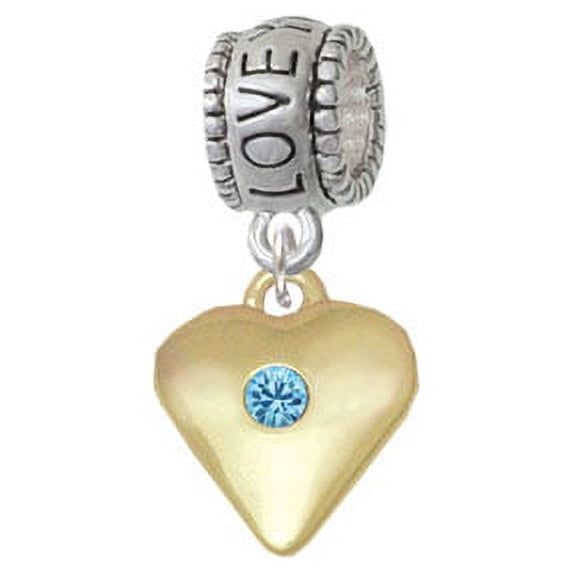 Large Hot Blue Birthday Crystal Gold Tone Heart - Love You More Charm Bead