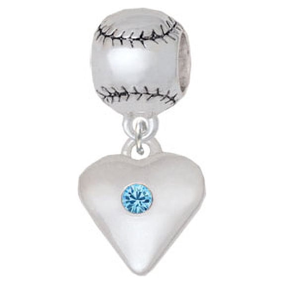 Large Hot Blue Birthday Crystal Heart - Softball Charm Bead