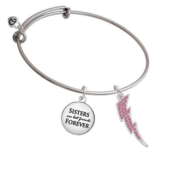 Large Hot Pink Crystal Lightning Bolt Sisters are Best Friends Bangle Bracelet