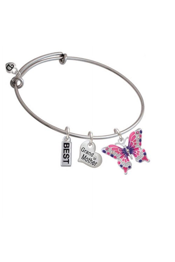 Large Hot Pink & Purple Butterfly Grandmother Heart Expandable Bangle Bracelet