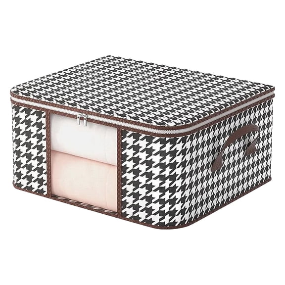Large Houndstooth Pattern Storage Box with Zipper Lid and Handles, Foldable Organizer for Clothes and Blankets