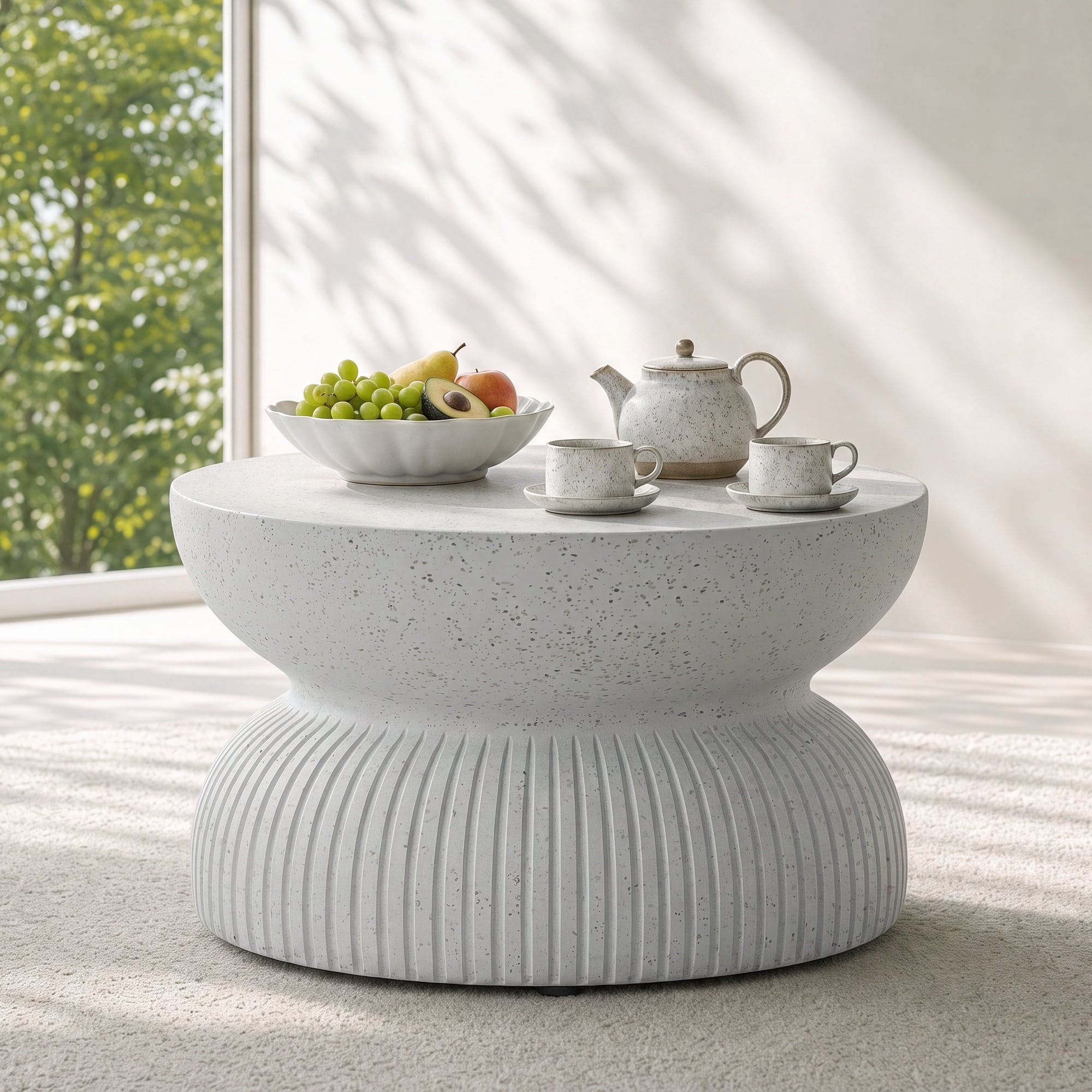 Large Hourglass MGO Side Table – Durable Construction, Textured Base, White Speckled Terrazzo