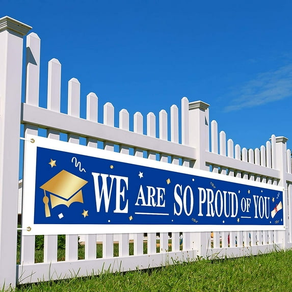 Large Huge 2025 Graduation Party Banner We are So Proud of You Congrats Grad Hanging Banner Backdrop Background Photo Prop Booth Graduation Party Decoration(Blue with White Words)