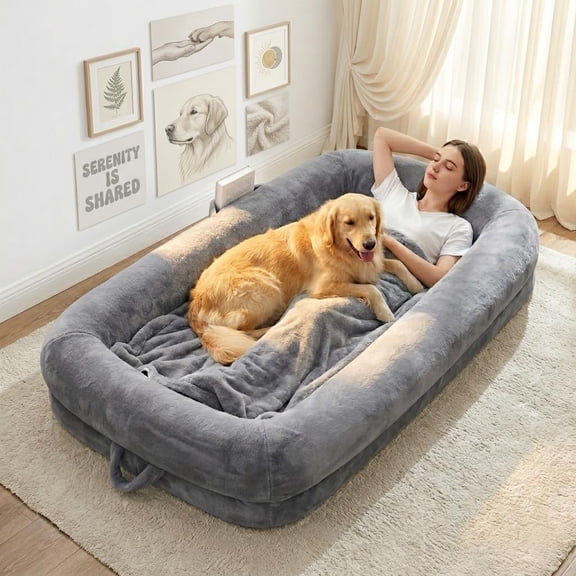 Large Human Dog Bed for Adults, 71"x43"x10" Cozy Human Sized Pet Bed, Orthopedic & Washable Cover, Non-Slip Comfortable Lounger for People and Pets, Light Grey
