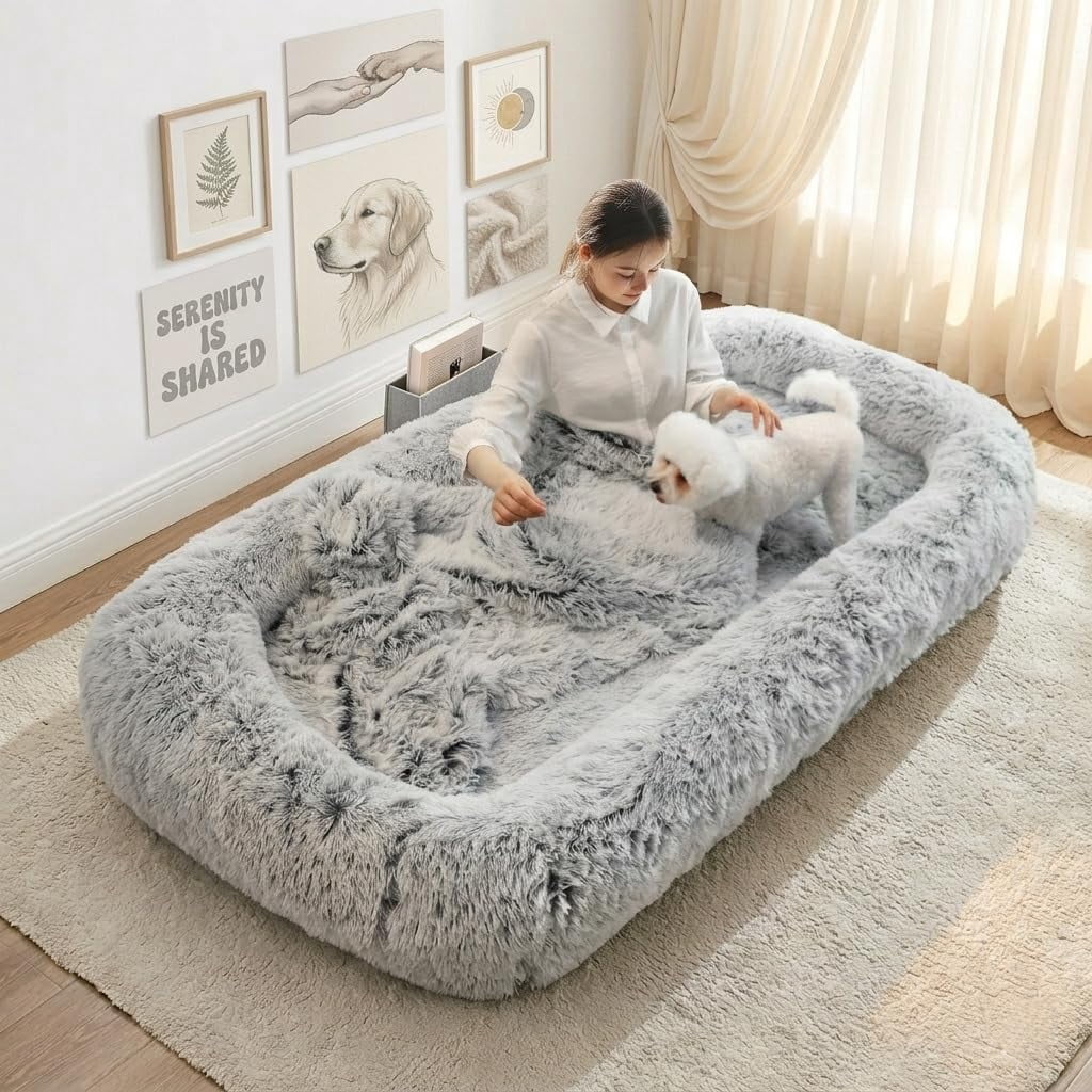 Large Human Dog Bed for Adults, 75"x43"x10" Cozy Human Sized Pet Bed, Orthopedic & Washable Cover, Non-Slip Comfortable Lounger for People and Pets, Light Grey