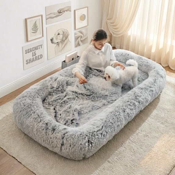 Large Human Dog Bed for Adults, 75"x43"x10" Cozy Human Sized Pet Bed, Orthopedic & Washable Cover, Non-Slip Comfortable Lounger for People and Pets, Light Grey