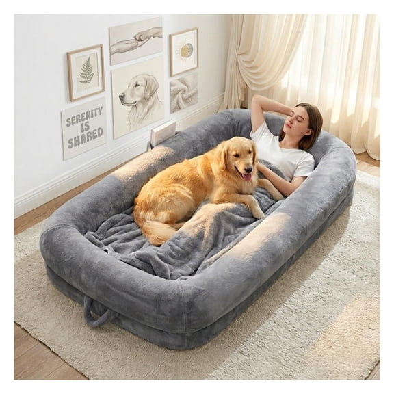 Large Human Dog Bed for Adults, Cozy Orthopedic Washable Lounger for People and Pets to Relax, Nap, Cuddle at Home, Light Grey