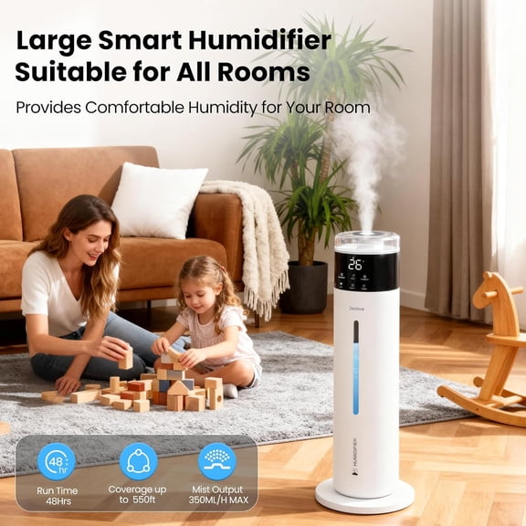 Large Humidifier for Bedroom, 8L Ultrasonic Cool Mist with Remote Control, Easy Clean, 350ML/H Mist Speed for Kids Room Plant Yoga Study Office (White)
