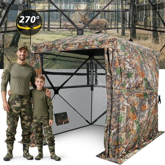 Large Hunting Blind with Silent Slid Door, 270 Degree See Through Deer Blind  for Hunting, Deer/Turkey Ground Blind with Carrying Bag