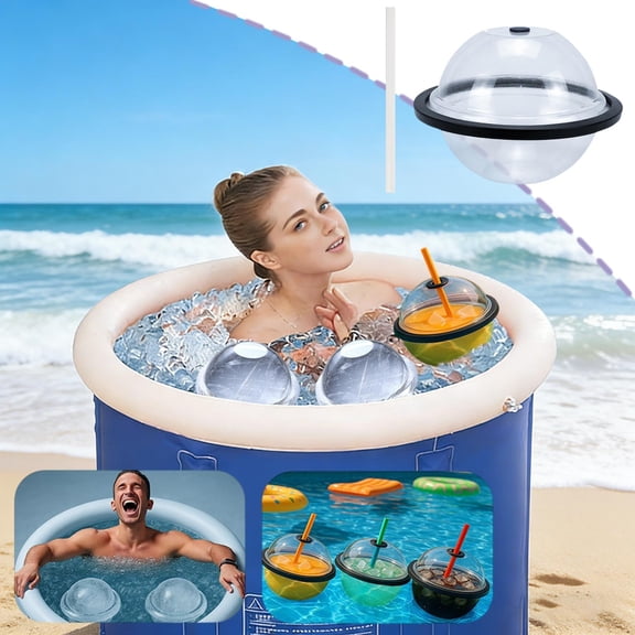 Large Ice Ball Maker & Beverage Container Black – Oversized Silicone Ice Sphere Molds with Built-In Straw, Reusable Ice Bath Chiller for Drinks, Outdoor Use