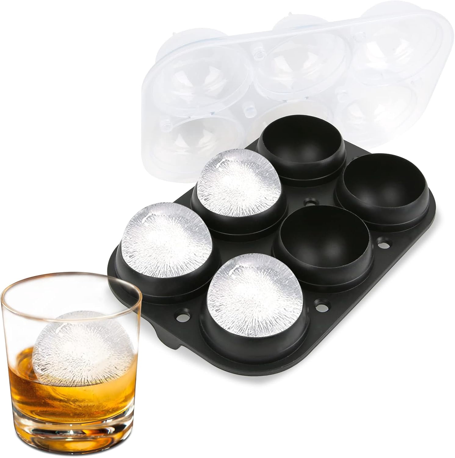 Large Ice Ball Maker with Lid, 6 x 2.5 Inch Ice Balls - BPA Free, Easy To Fill Round Silicone Ice Tray, Perfect Spheres Craft Ice Maker for Whiskey, Cocktails, Gifting - Black