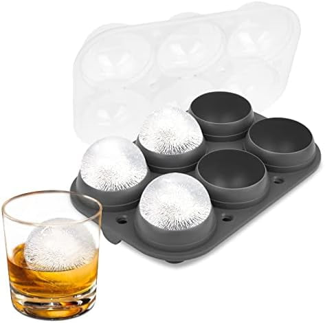 Large Ice Ball Maker with Lid, 6 x 2.5 Inch Ice Balls - Food Grade, Easy To Fill Round Silicone Ice Tray, Perfect Spheres Craft Ice Maker for Whiskey, Cocktails, Gifting - Grey