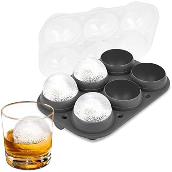Large Ice Ball Maker with Lid, 6 x 2.5 Inch Ice Balls - Food Grade, Easy To Fill Round Silicone Ice Tray, Perfect Spheres Craft Ice Maker for Whiskey, Cocktails, Gifting - Grey