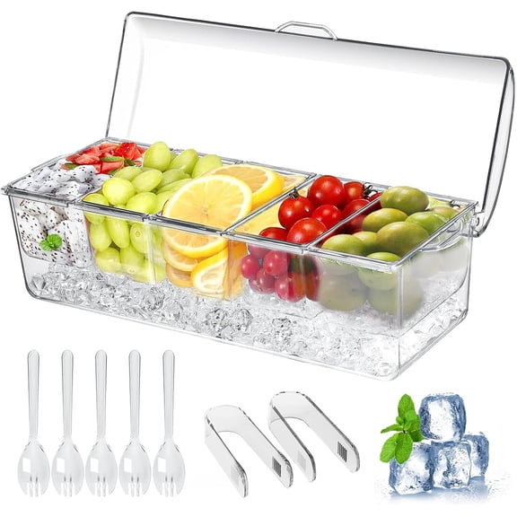 Large Ice Chilled Condiment Caddy – 5 Removable Compartments (2.5 Cup), Lids, Serving Platter, Fruit/Garnish Tray, for Parties, Bar
