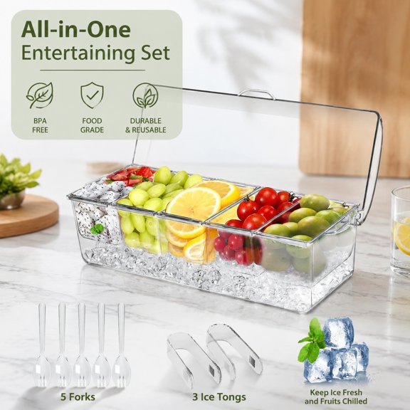 Large Ice-Chilled Condiment Caddy with Lids, Removable 5 Compartments (2.5 Cup) Server, Fruit & Garnish Tray for Parties & Bars
