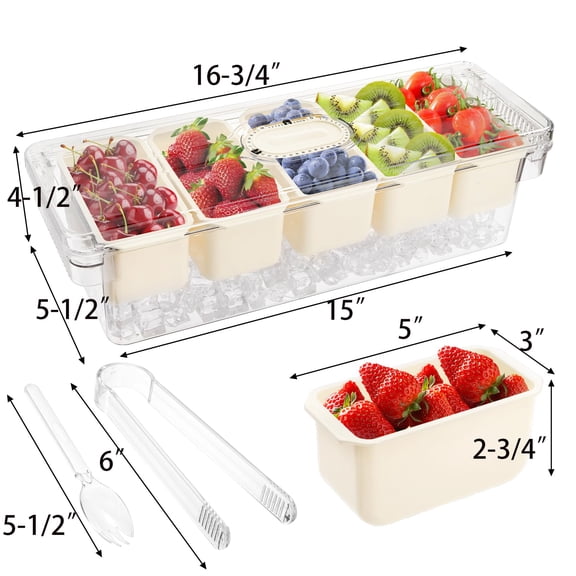 Large Ice Chilled Condiment Server with 5 Compartments, 2 Tongs, 5 Forks for Taco Bar, Salad Bar, Party Garnish