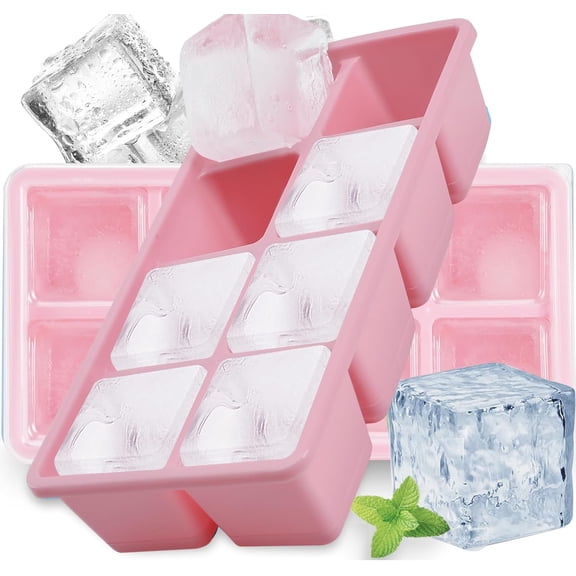 Large Ice Cube Molds 2 Pack, Silicone Ice Cube Tray for Freezer with Lid, 8 Giant Square Cubes, Easy Release Stackable Ice Molds for Whisky Cocktails (Pink)