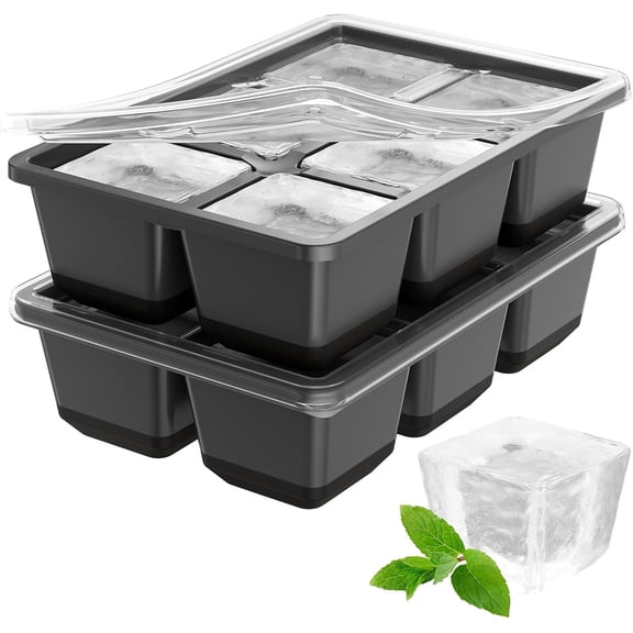 Large Ice Cube Molds, 2 Pack Ice Cube Tray, 1.8 Inch Silicone Ice Trays for Freezer with Lid, Stackable Whiskey Ice Cubes Mold, Easy to Release (Grey)