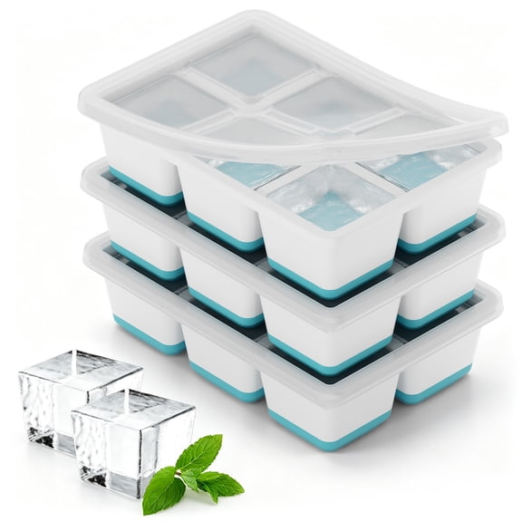 Large Ice Cube Molds, 3 Pack Ice Cube Tray, 1.8 Inch Silicone Ice Trays for Freezer with Lid, Stackable Whiskey Ice Cubes Mold, Easy to Release (Blue)