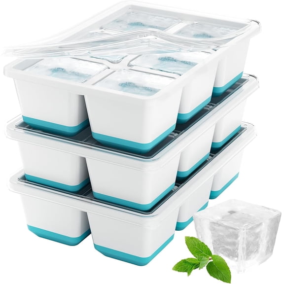 Large Ice Cube Molds, 3 Pack Ice Cube Tray, 1.8 Inch Silicone Ice Trays for Freezer with Lid, Stackable Whiskey Ice Cubes Mold, Easy to Release (Blue)