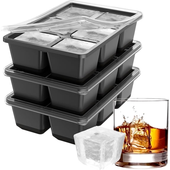 Large Ice Cube Molds, 3 Pack Whiskey Square Ice Molds, 1.8 Inch Big Ice Cube Tray, Stackable Cocktail Ice Tray with Lid, Easy to Release (Grey)