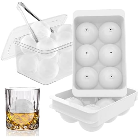 Large Ice Cube Molds, Big Round Whiskey Ice Cube Trays for Freezer, Easy to Fill & Release, Whiskey Bourbon Cocktail(1.9In*6 Balls- White/2 Pack)
