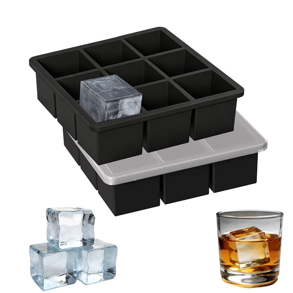 Large Ice Cube Tray 2 Pack  2 Inch Slow-Melting Square Ice Cubes Silicone Mold Set for Whiskey & Cocktails, Stackable & Easy-Release
