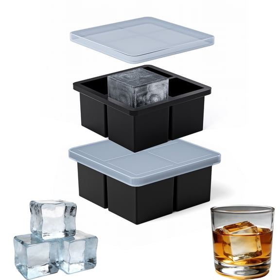 Large Ice Cube Tray 2 Pack  2 Inch Slow-Melting Square Ice Cubes Silicone Mold Set for Whiskey & Cocktails, Stackable & Easy-Release