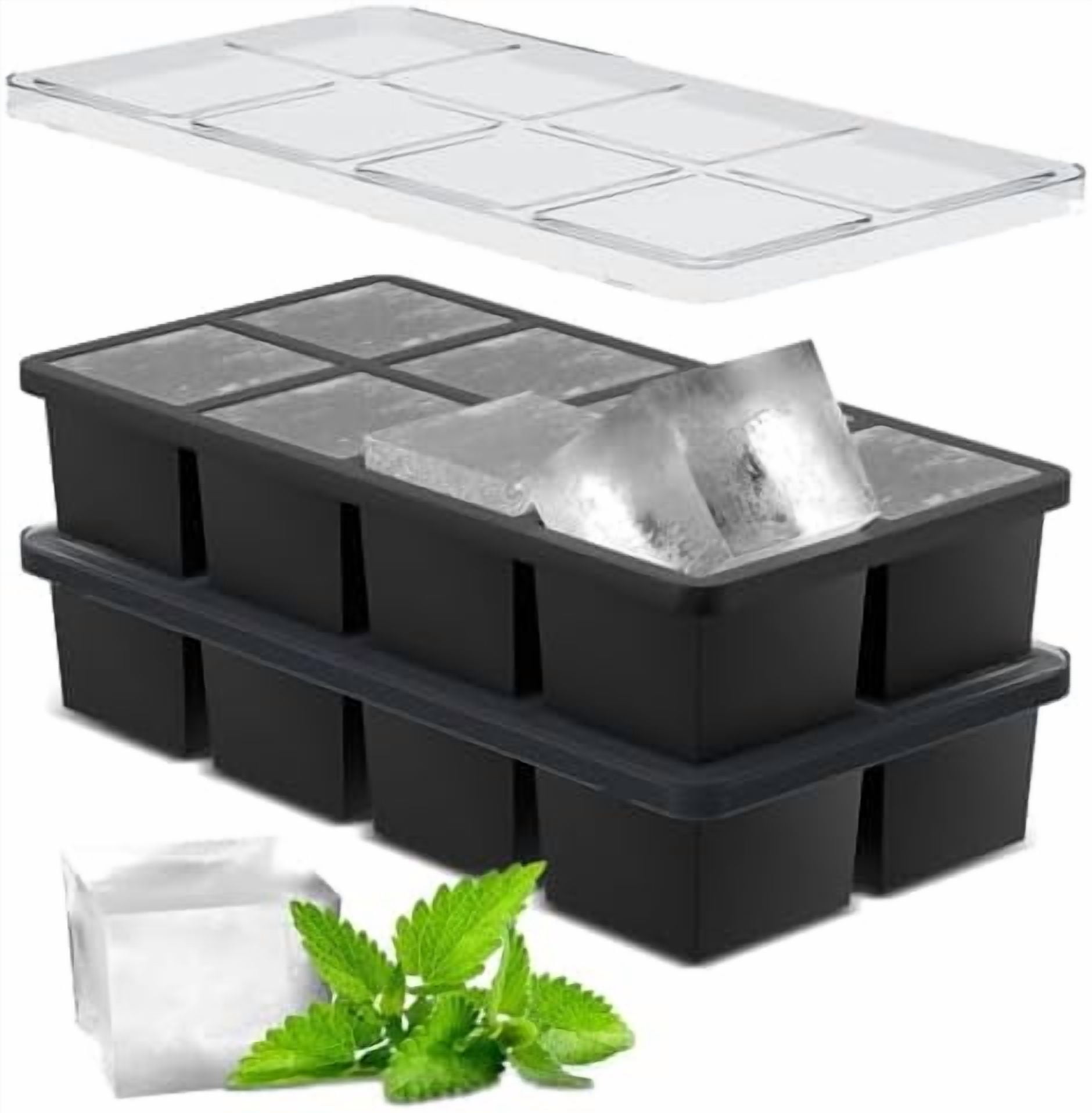 Large Ice Cube Tray: 2024 Upgraded Silicone Square Ice Cube Mold For Whiskey, New Upgraded 2 Inch Large Cubed Ice Trays for Cocktail, Big Cube Ice Maker Mold (2 Pack, Black)