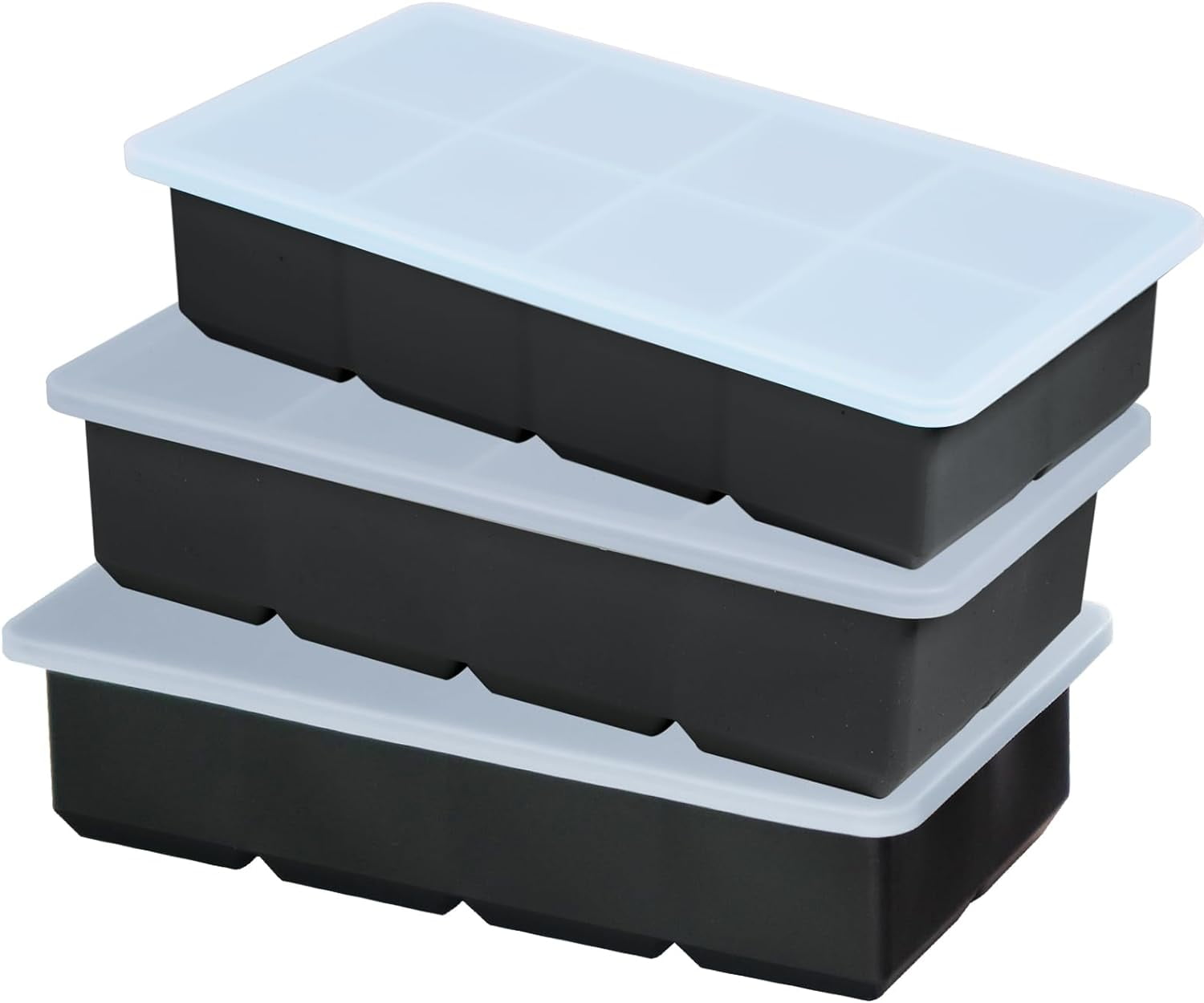 Large Ice Cube Tray - Big 2-Inch Square Silicone Ice Cube Molds with Removable Lids - Food Grade, Reusable, BPA Free - Ideal for Cocktails, Whiskey, Fruit Juices and More (3-Pack Black)