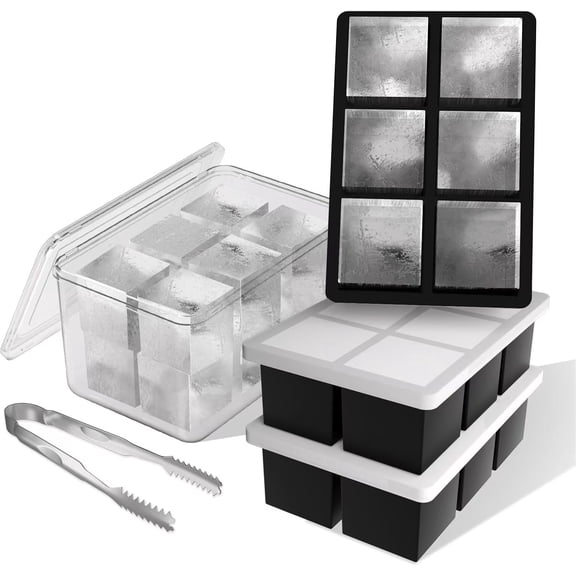 Large Ice Cube Tray with Lid and Bin: 2 Inch Silicone Old Fashioned Ice Cube Mold with Lid and Bin, Big Square Ice Cube Maker for Whiskey-3 Pack (With Ice Tong)